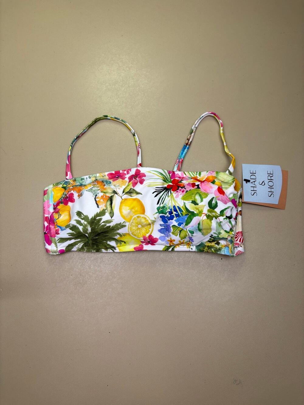 Shade & Shore Floral Bikini Top S 4-6 Tropical Lemon Tie Back Bandeau NWT